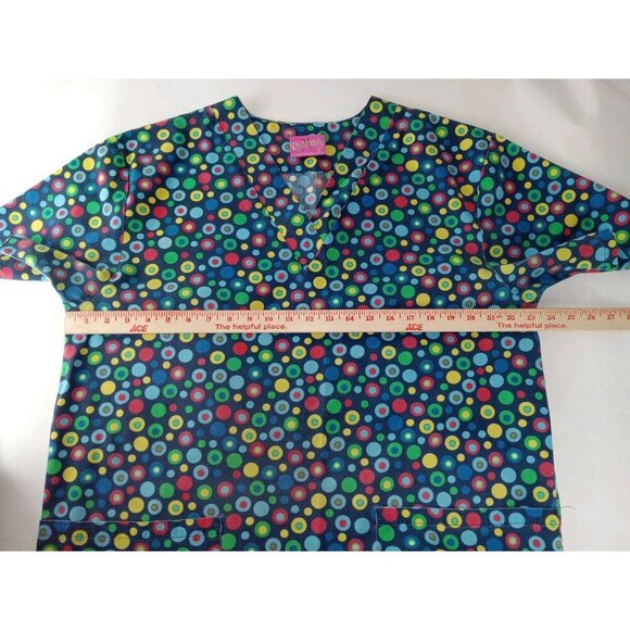 HUB-A DUB-SCRUBS Women's Polk Dot Multicolor V Neck Scrub Top sz 1 XL - Picture 5 of 7